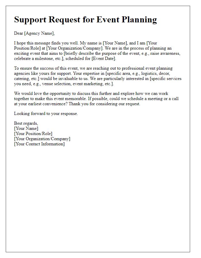 Letter template of support request for event planning agencies