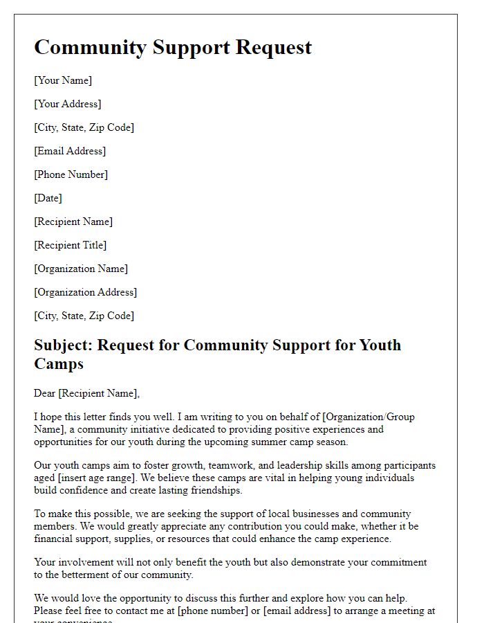 Letter template of community support request for youth camps