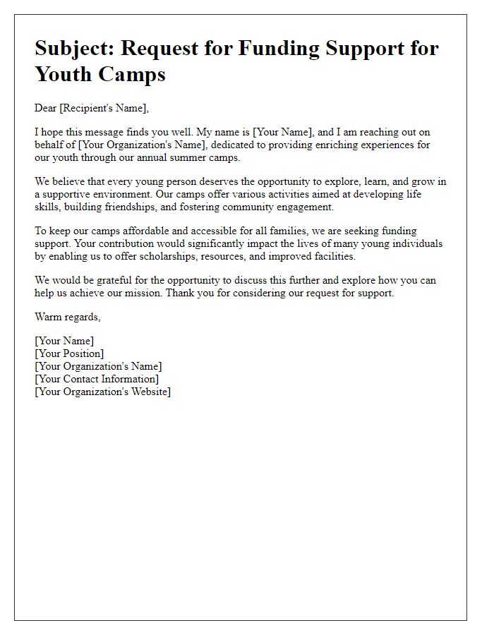 Letter template of outreach for youth camps funding