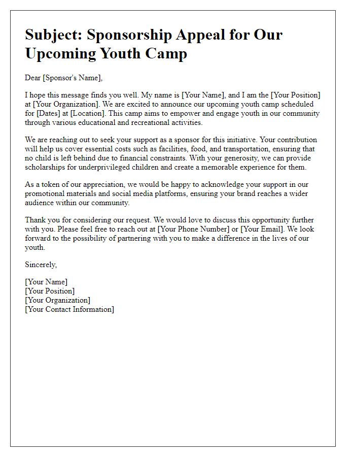 Letter template of sponsorship appeal for youth camps