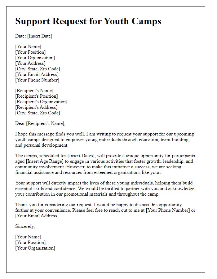 Letter template of support request for youth camps