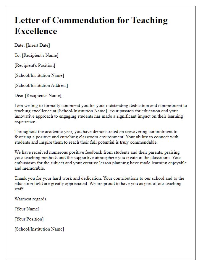 Letter template of commendation for teaching excellence