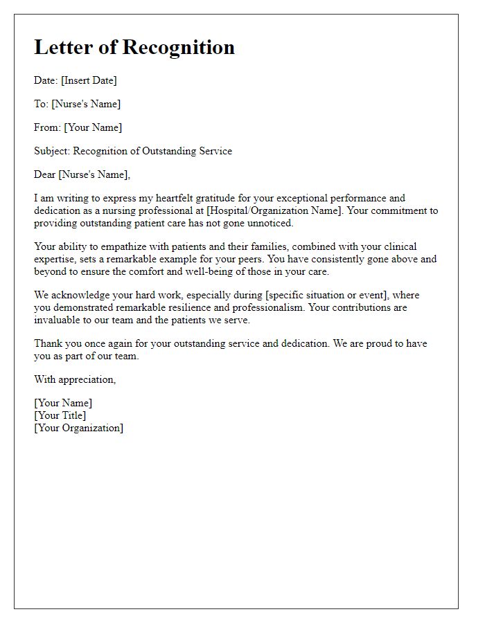 Letter template of recognition for outstanding nursing staff.