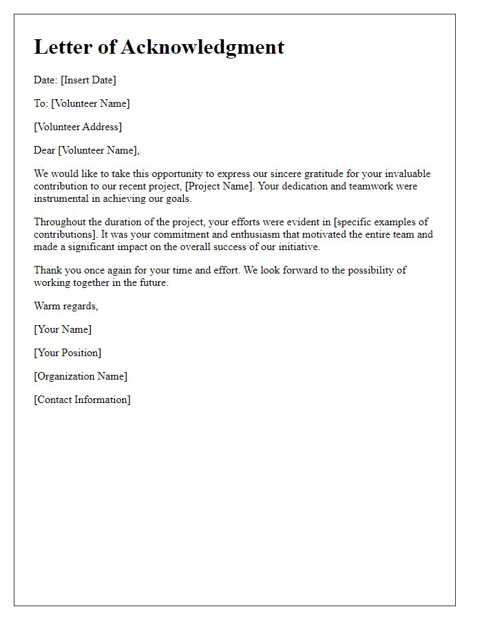 Letter template of acknowledgment for volunteer teamwork.