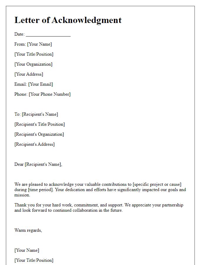 Letter template of acknowledgment for contributions.