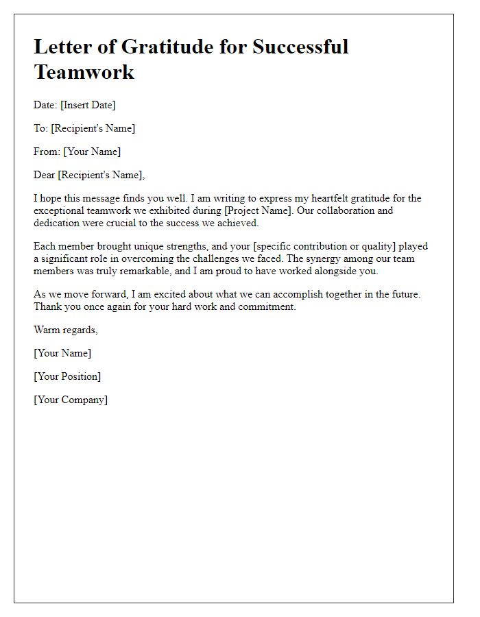 Letter template of gratitude for successful teamwork.