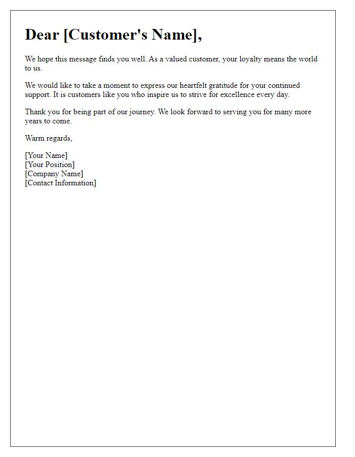 Letter template of acknowledgment for valued customer loyalty.