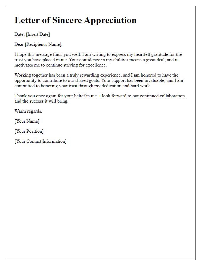 Letter template of sincere appreciation for your trust.