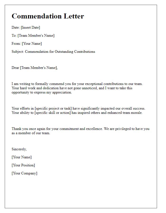 Letter template of commendation for team member contributions.