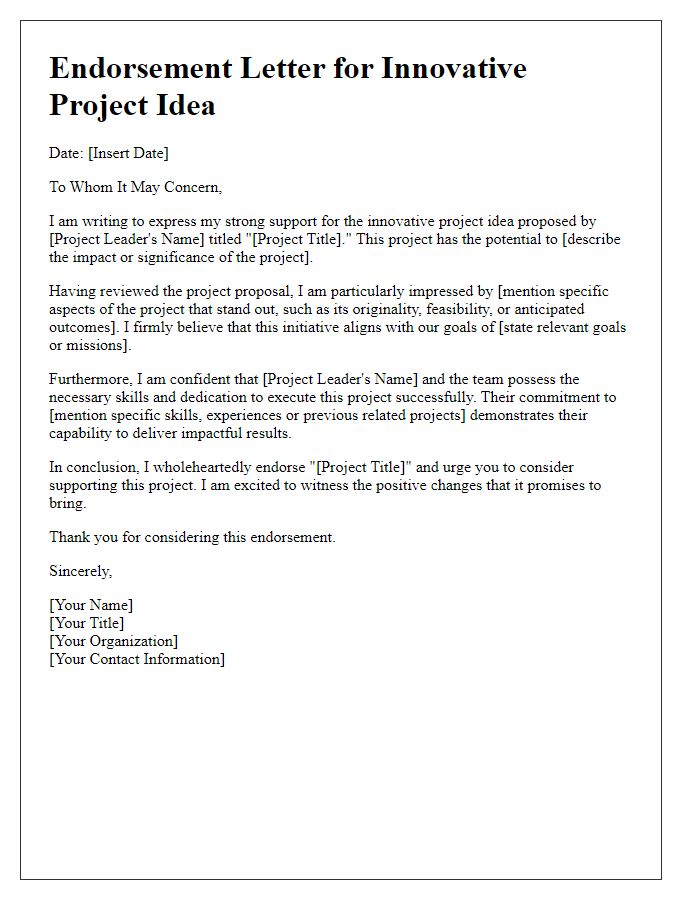 Letter template of endorsement for innovative project ideas.