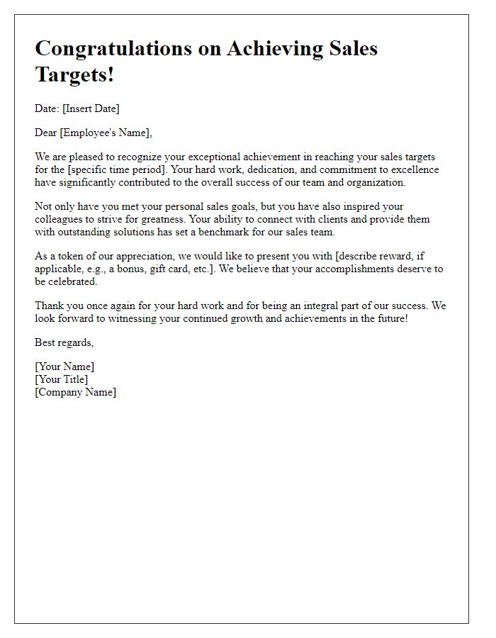 Letter template of recognition for reaching sales targets.