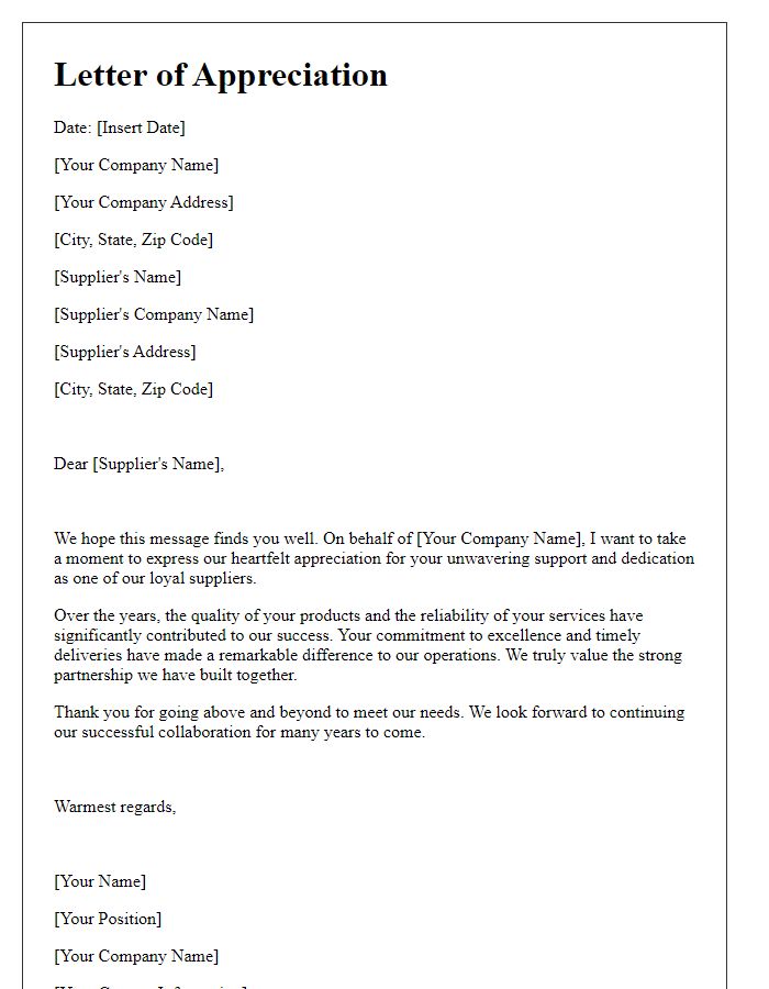 Letter template of appreciation for loyal suppliers