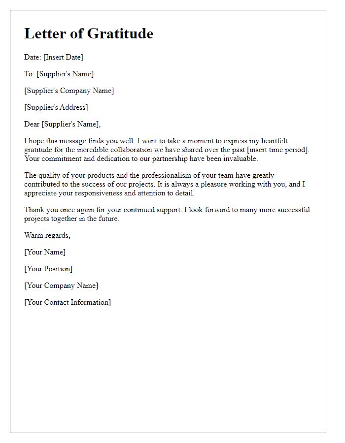 Letter template of gratitude for collaborative efforts with suppliers