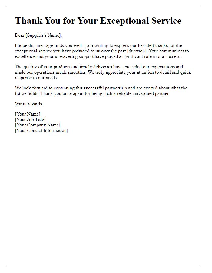 Letter template of thanks for exceptional service from suppliers