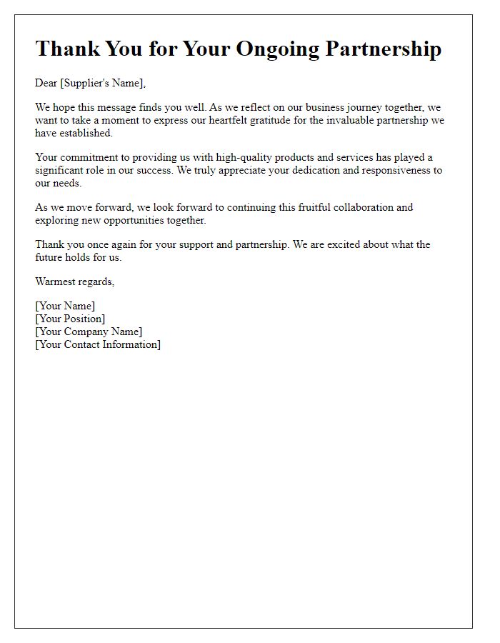 Letter template of thanks for ongoing partnership with suppliers