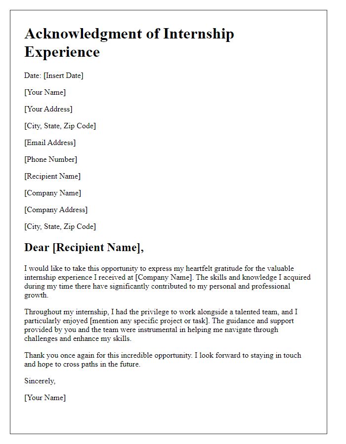 Letter template of acknowledgment for valuable internship experience