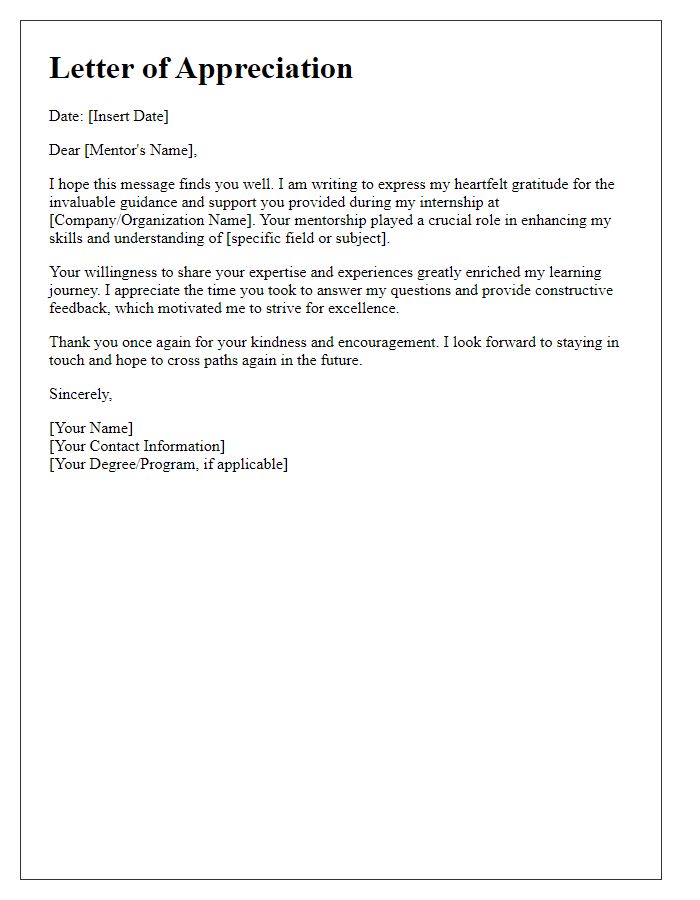 Letter template of appreciation for internship guidance