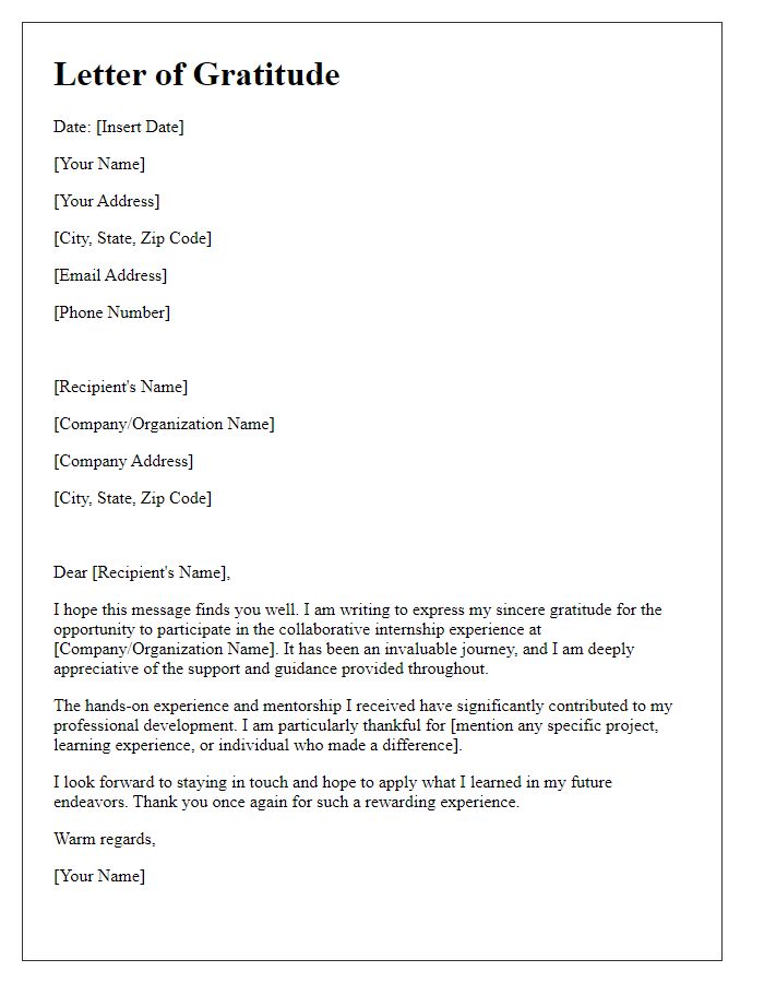 Letter template of gratitude for collaborative internship experience