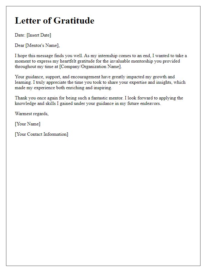 Letter template of gratitude for mentorship during internship