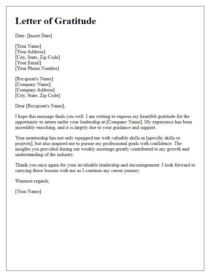 Letter template of sincere gratitude for internship leadership