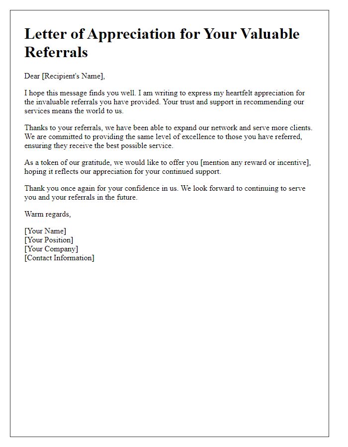 Letter template of Appreciation for Your Valuable Referrals