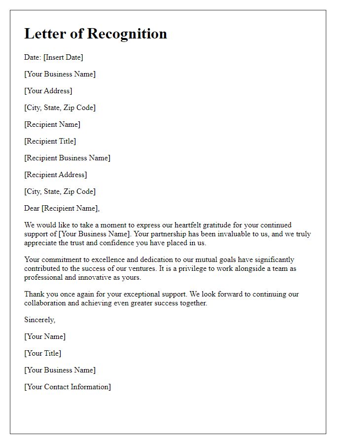 Letter template of recognition for your business support