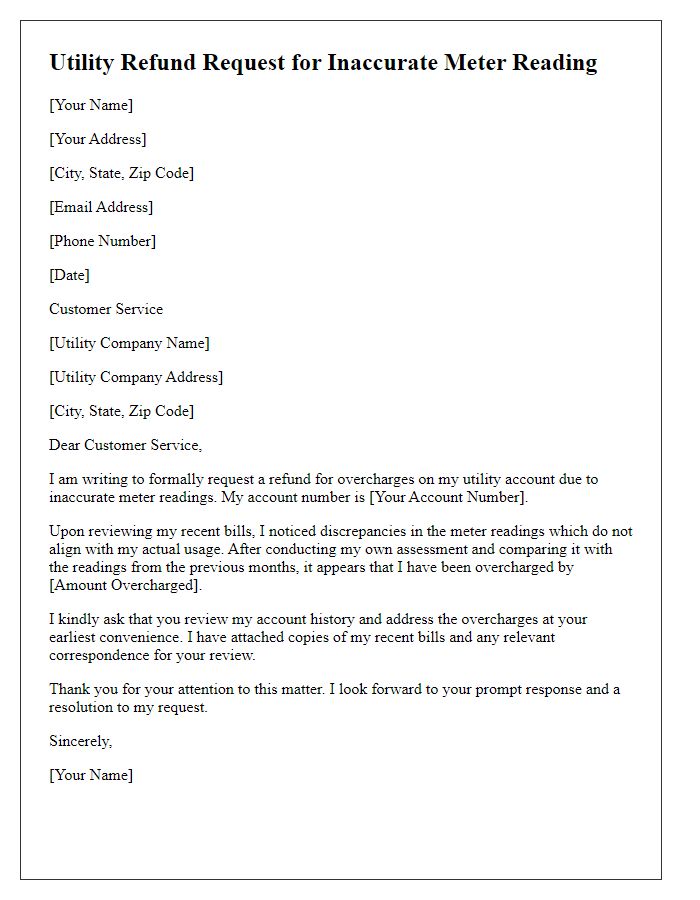 Letter template of utility refund request for inaccurate meter reading.