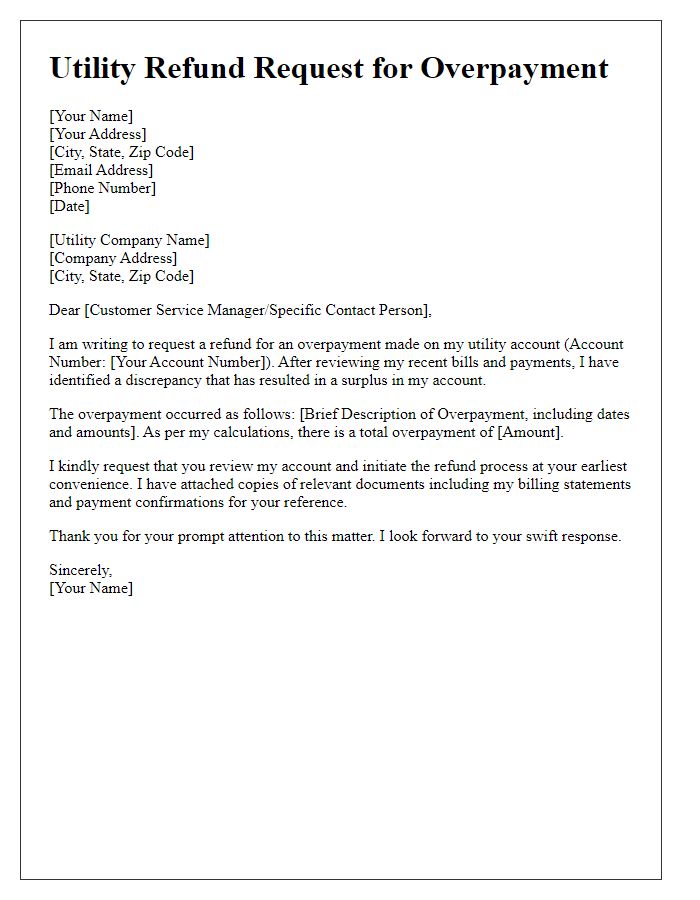 Letter template of utility refund request for overpayment.