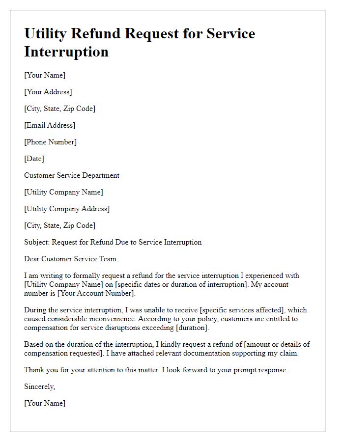 Letter template of utility refund request for service interruption compensation.