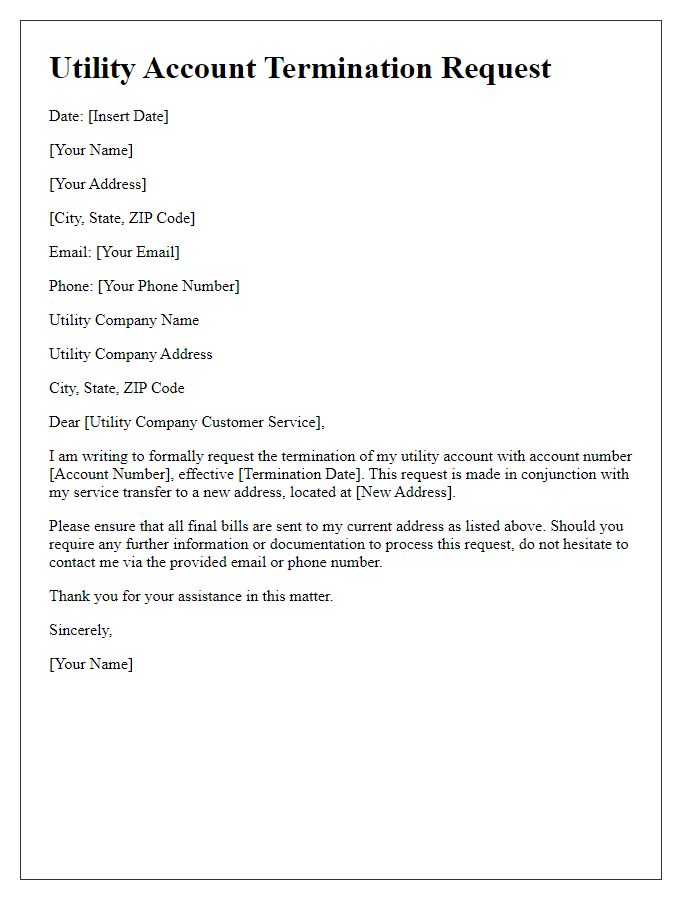 Letter template of utility account termination for service transfer requests.