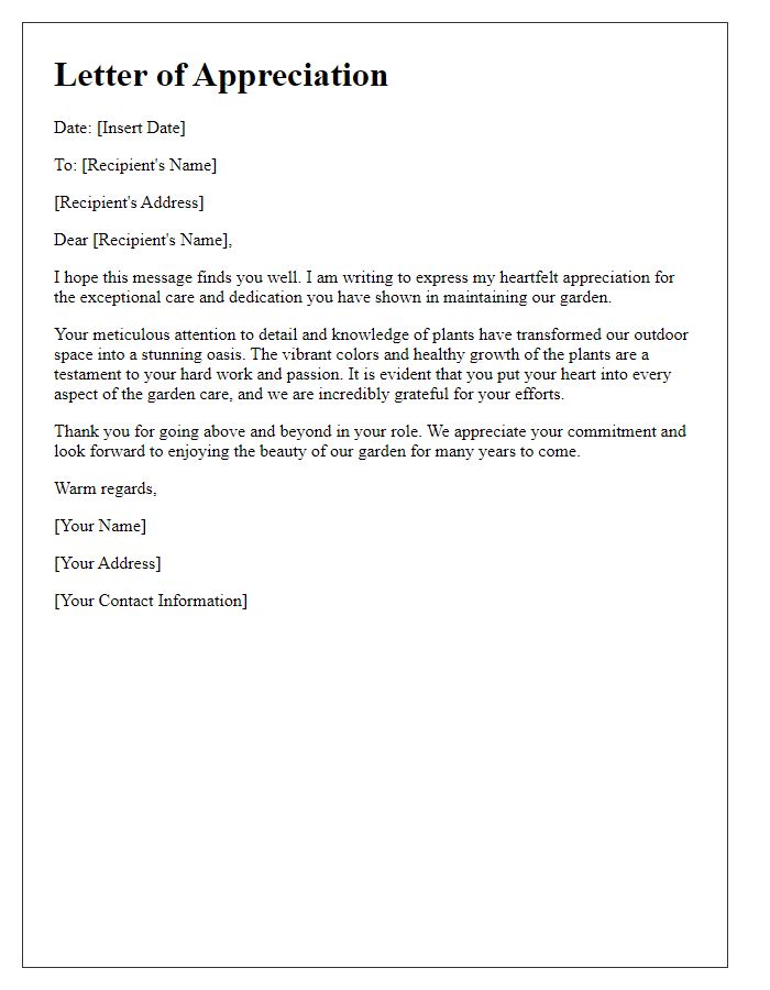 Letter template of appreciation for exceptional garden care