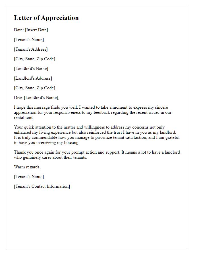 Letter template of appreciation for landlord's responsiveness to tenant feedback.