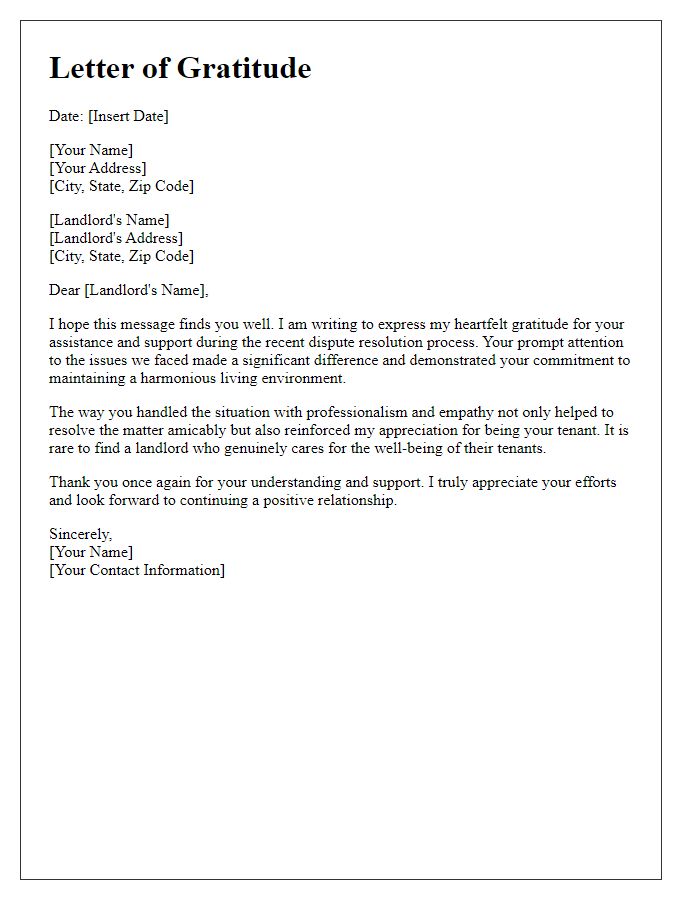 Letter template of gratitude for landlord's assistance in dispute resolution.