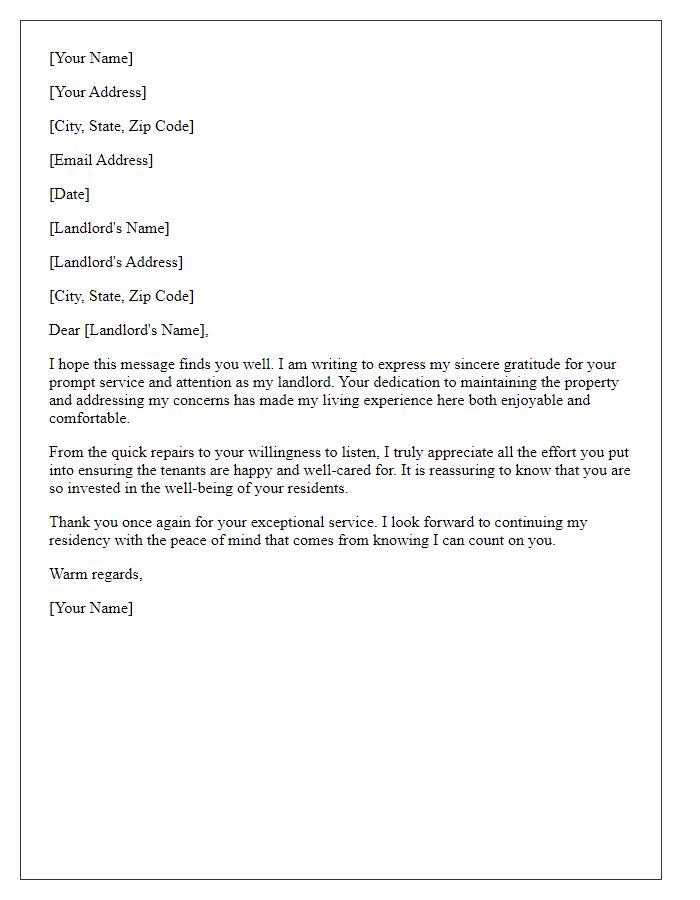 Letter template of gratitude for landlord's prompt service and attention.