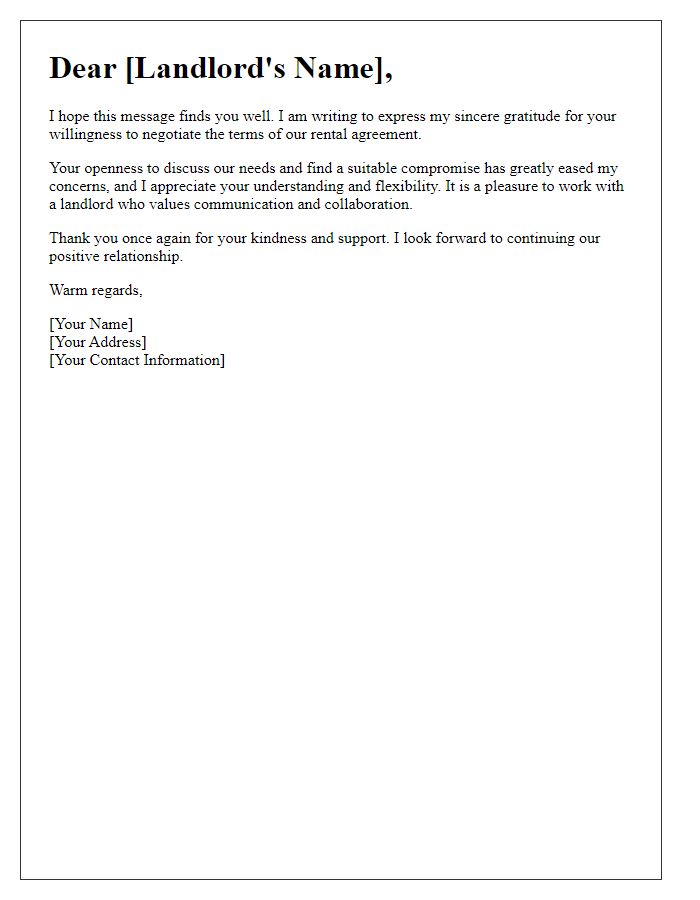 Letter template of gratitude for landlord's willingness to negotiate terms.