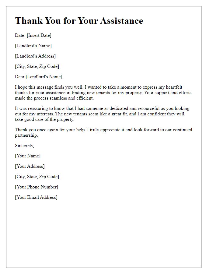 Letter template of thanks for landlord's assistance in finding new tenants.