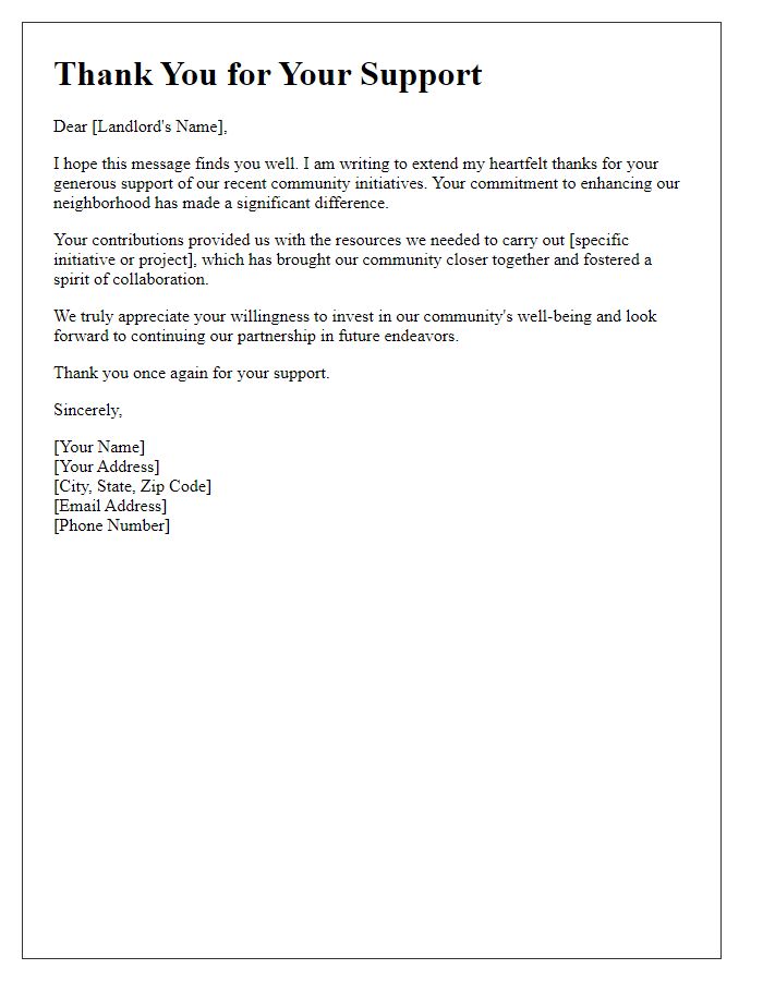 Letter template of thanks for landlord's support in community initiatives.