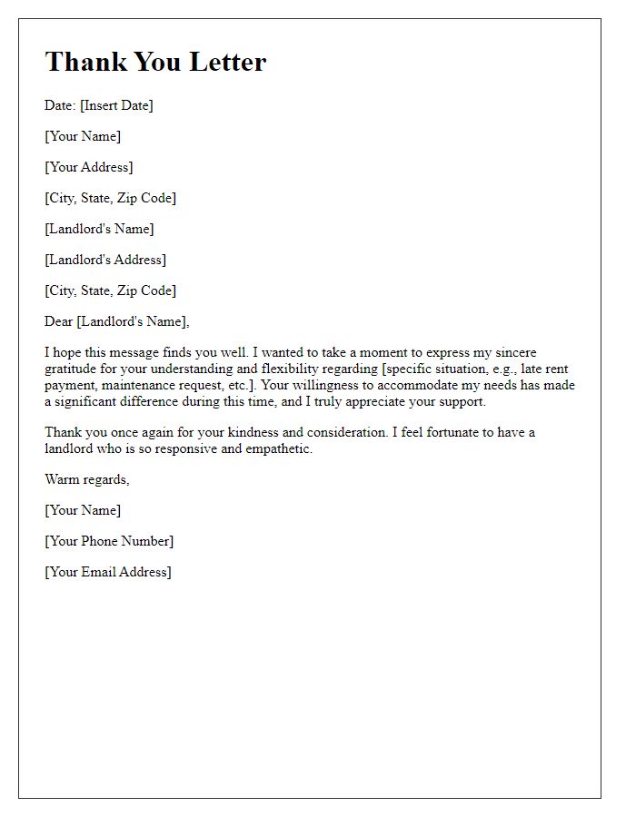 Letter template of thanks for landlord's understanding and flexibility.