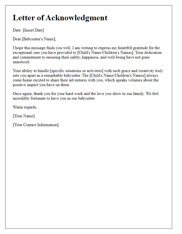 Letter template of acknowledgment for amazing babysitters