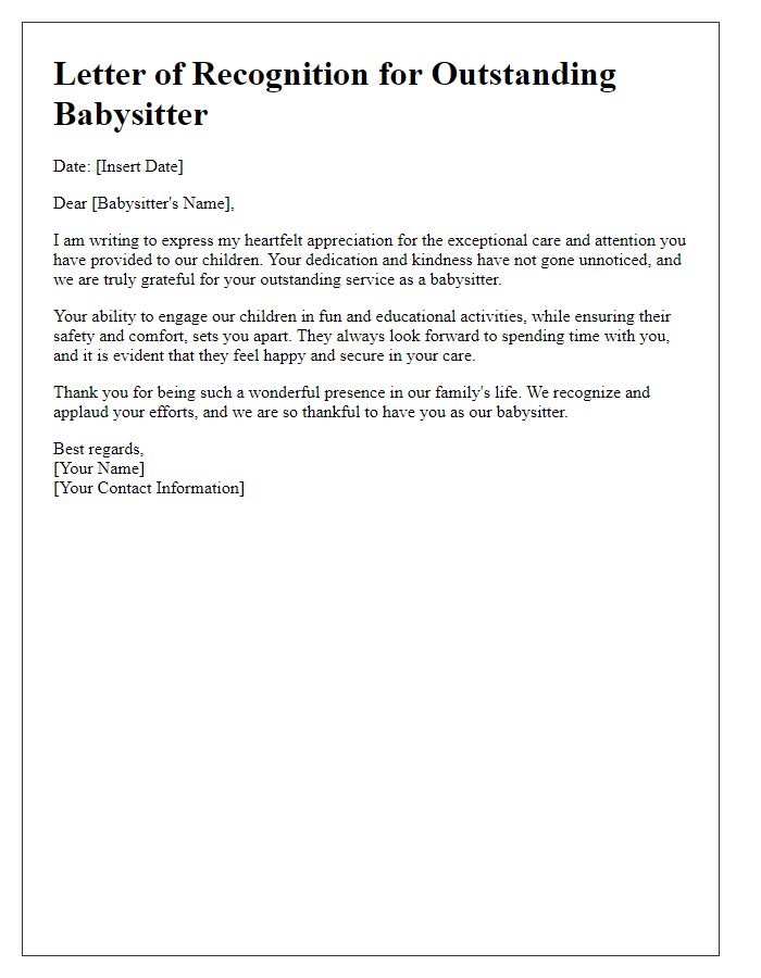 Letter template of recognition for fantastic babysitters