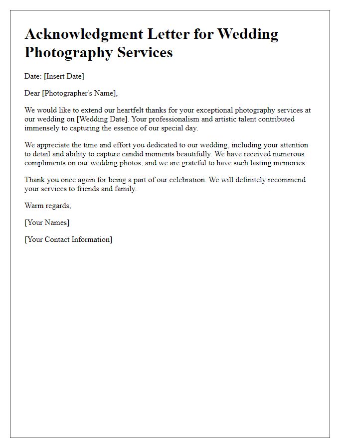 Letter template of acknowledgment for wedding photographers