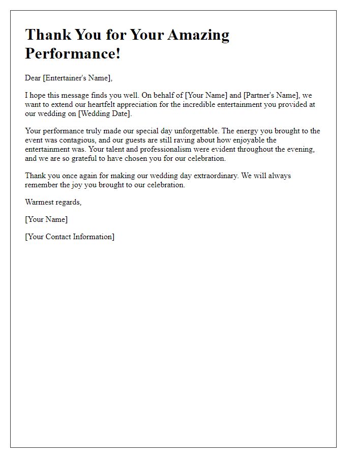 Letter template of appreciation for wedding entertainers