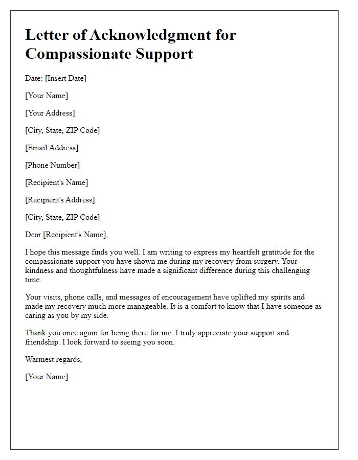 Letter template of acknowledgment for compassionate support after surgery