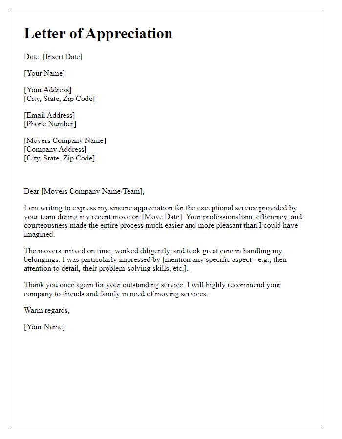 Letter template of appreciation for professional movers service.