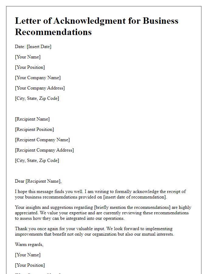 Letter template of Acknowledgment for Business Recommendations