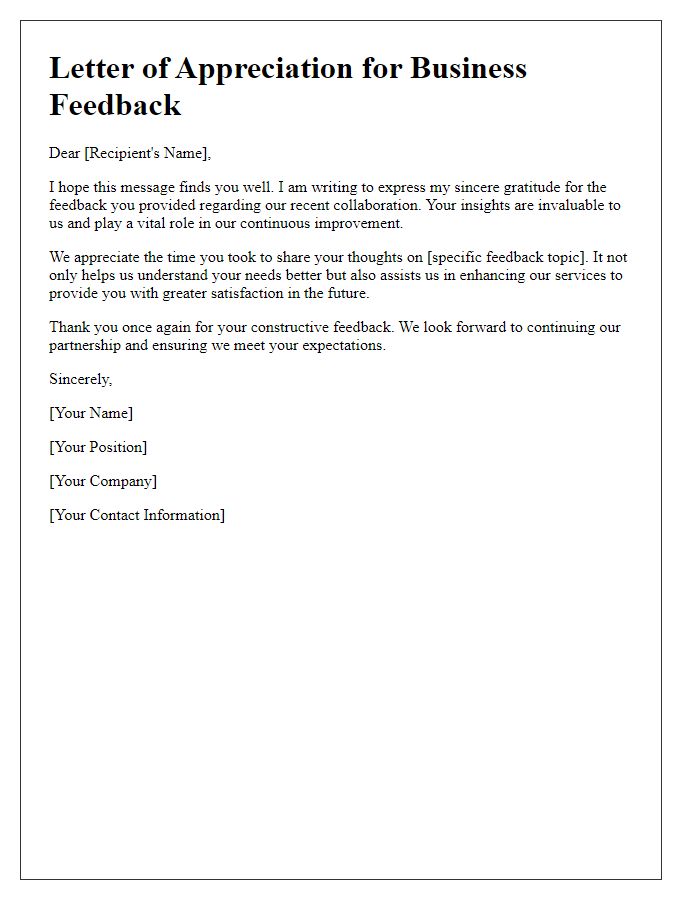 Letter template of Appreciation for Business Feedback