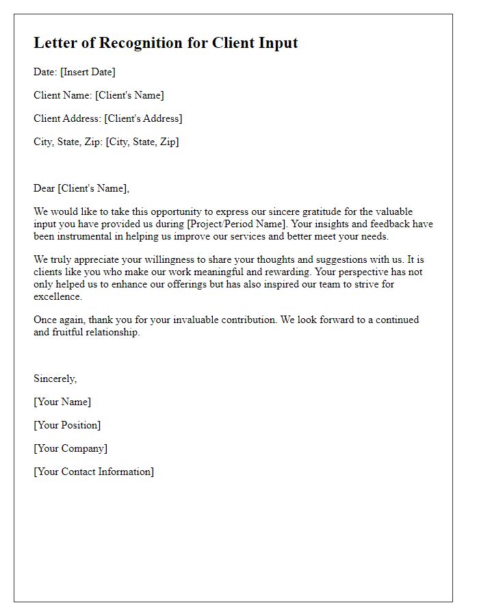 Letter template of Recognition for Client Input