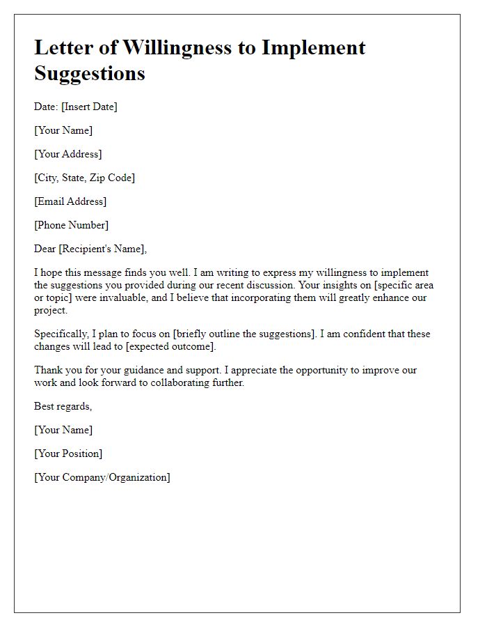 Letter template of Willingness to Implement Suggestions