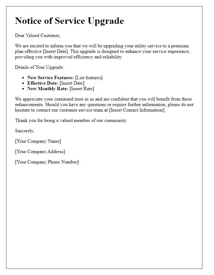 Letter template of premium utility service upgrade notice