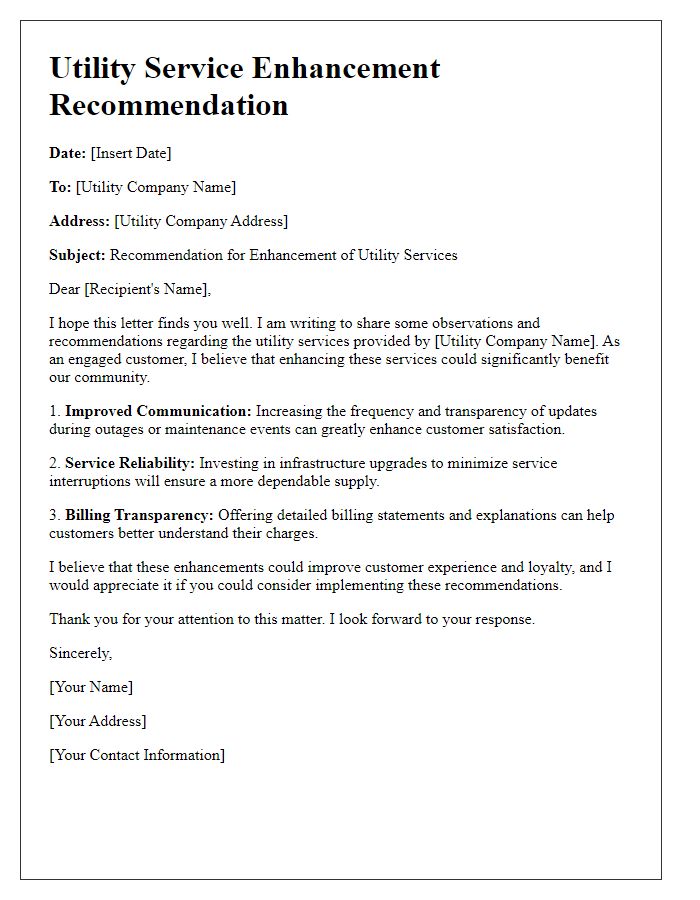 Letter template of utility service enhancement recommendation